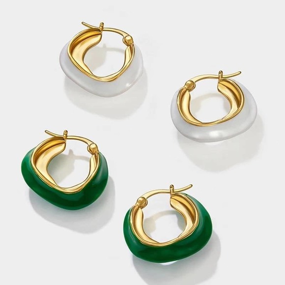 14k Huggie Gold Hoop Earring|White or Green Choice - Picture 2 of 10